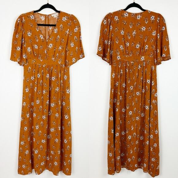 Roolee Floral Maxi Dress Empire Waist Flutter Sleeve Small Rust Orange - Picture 2 of 8